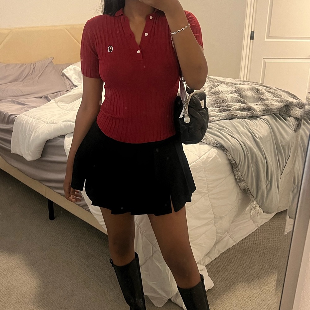 Bape Red Ribbed Polo Shirt with Black Trim - Picture 2 of 4